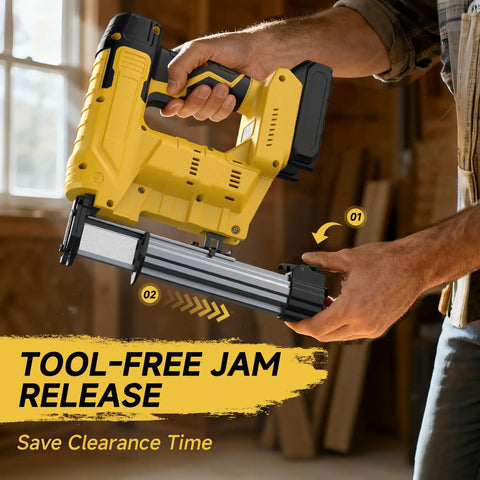 Cordless Two In One 18 Gauge Brad Nailer And Stapler Battery Powered Nail Gun With Fasteners For Wood Carpentry Trim Framing Tool Only showing tool-free jam release feature.