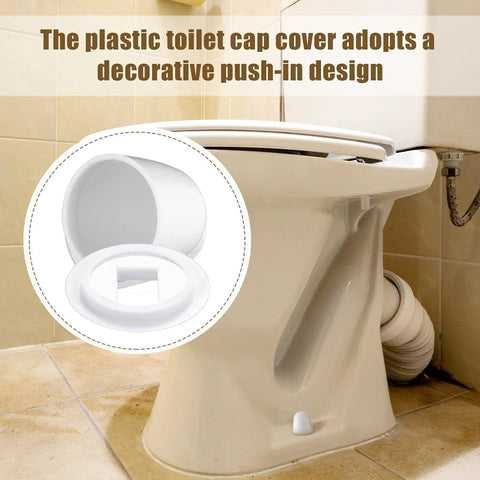 Close-up of 32 Pack Universal Toilet Bolt Caps Plastic Round Push On Screw Covers with a decorative design on a toilet.