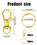 Premium Hella Tough Gold Swivel Snap Hooks With Key Rings 60 Piece Pack size chart showing dimensions of clips and rings.