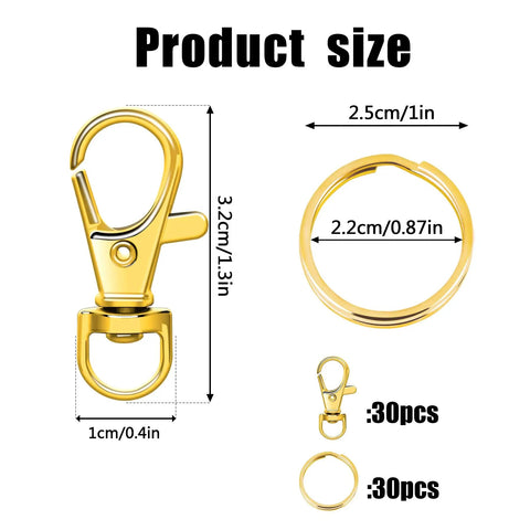 Premium Hella Tough Gold Swivel Snap Hooks With Key Rings 60 Piece Pack size chart showing dimensions of clips and rings.
