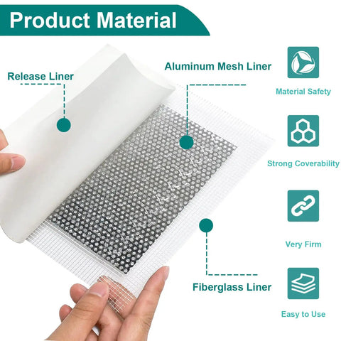 Hands holding 10 Pack Drywall Repair Kit For Large Holes And Small Nail Holes, 4/6/8 Inch Patches With Self Adhesive Aluminum Mesh.