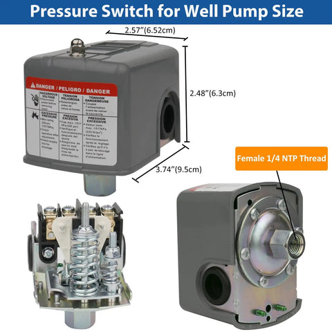 Well Water Pressure Switch For Pump 40 To 60 PSI Auto Electrical Control Adjustable Differential One Quarter Inch Female NPT Gray