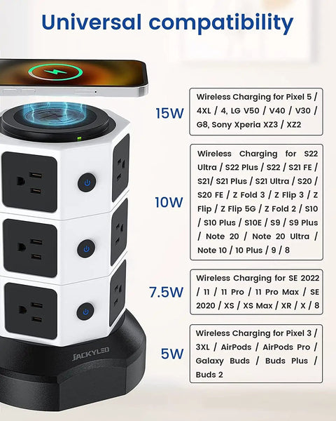 Tower Power Strip With Wireless Charging And Surge Protector, 13A 10 Outlets And 4 USB Ports, 6.5ft Extension Cord, wireless pad