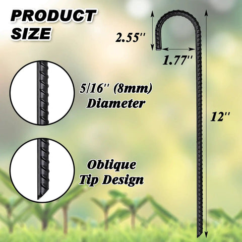 Illustration showing dimensions of Heavy Duty 12 Inch Rebar Stakes 16 Pack J Hook Galvanized Ground Stakes