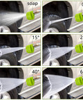 Two green plastic 6-in-1 pressure washer nozzles with 1/4 in quick-connect, soap setting, and adjustable 0–65° spray angles.
