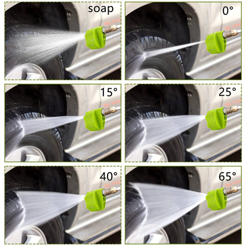 Two green plastic 6-in-1 pressure washer nozzles with 1/4 in quick-connect, soap setting, and adjustable 0–65° spray angles.