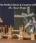 Tower Bridge 3D Puzzle Wood Craft Kit With LED Light DIY Construction Model for Teens displayed on a table with gifts.