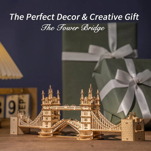 Tower Bridge 3D Puzzle Wood Craft Kit With LED Light DIY Construction Model for Teens displayed on a table with gifts.