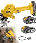 Cordless 20V Tiller Cultivator For Gardening with Battery and Charger, ergonomic grip in use, two 20V batteries shown.