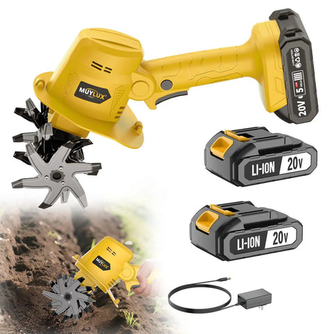 Cordless 20V Tiller Cultivator For Gardening with Battery and Charger, ergonomic grip in use, two 20V batteries shown.