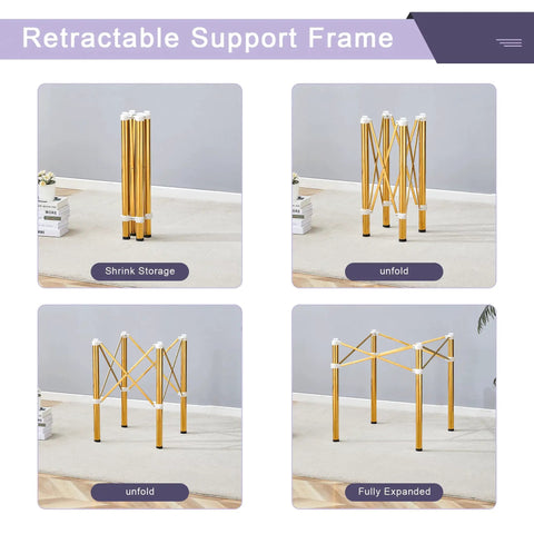 Adjustable Stainless Steel Table Legs Gold Finish Foldable Support Base for Coffee Desk, showing retractable support frame in storage and expanded positions.