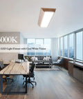 Modern office with Two Foot LED Wraparound Light Fixture with Wood Look, Dimmable 3000K 4000K 5000K CCT, 30W 3300LM, ceiling mounted.