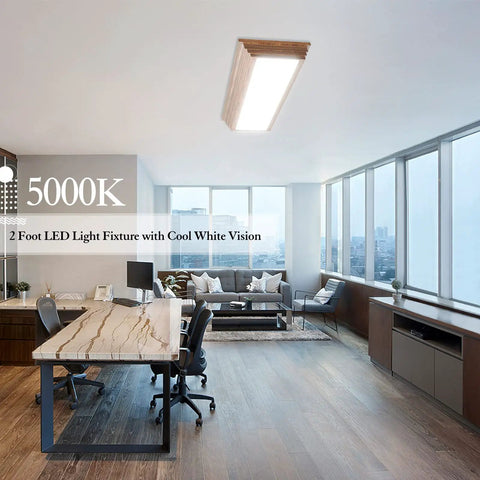 Modern office with Two Foot LED Wraparound Light Fixture with Wood Look, Dimmable 3000K 4000K 5000K CCT, 30W 3300LM, ceiling mounted.