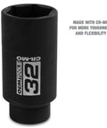 32mm Half Inch Drive Axle Nut Socket For Front Wheel Drive Cars, Impact Ready Cr-Mo Steel With Black Oxide Finish shown vertically