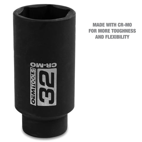 32mm Half Inch Drive Axle Nut Socket For Front Wheel Drive Cars, Impact Ready Cr-Mo Steel With Black Oxide Finish shown vertically