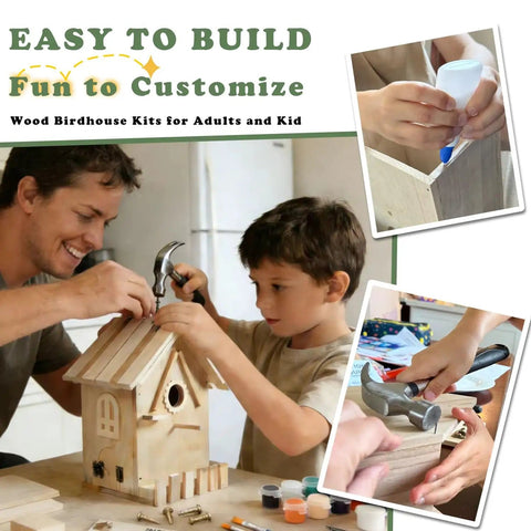 Father and son building a Large Wood Bird House Kit For Outdoors DIY Weekend Project For Adults Build It Yourself With Pre Cut Pieces.
