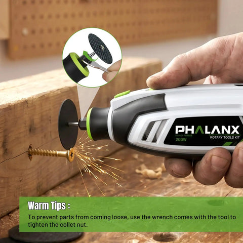 Close-up of Badass 200W Rotary Tool Kit with flexible extension shaft engaged in precision drilling, sparks flying from wood.