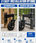 Hefty Black Fence Gate Rollers With Secure Locking Brake, 600 Pound Rock Solid Anti Sag Setup For Metal Tubes And Wood Gates installation options image