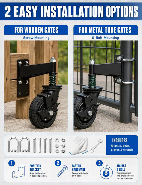 Hefty Black Fence Gate Rollers With Secure Locking Brake, 600 Pound Rock Solid Anti Sag Setup For Metal Tubes And Wood Gates installation options image