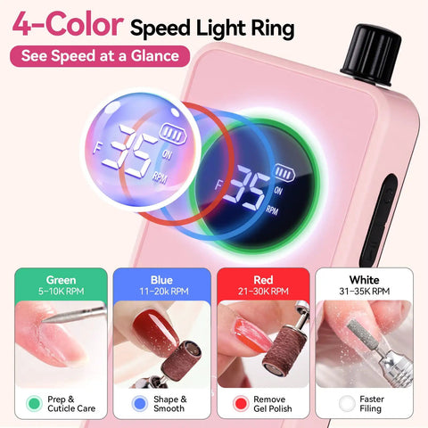 35,000RPM Electric Nail Drill with 4-color speed light ring displaying 35 RPM for gel nail shaping and removal