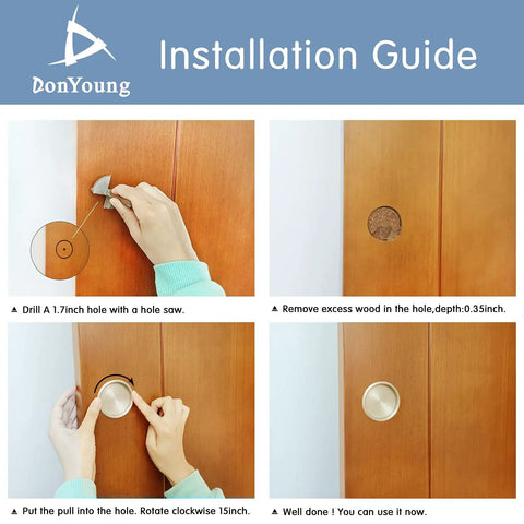 Installation guide for Four Piece Round Recessed Finger Pull Handles For Closet Doors And Cabinet Upgrades Featuring Satin Nickel Finish.