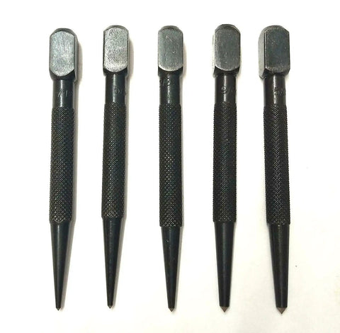 Kickass Set Of Five Square Head Center Punches Imperial Standard for metal and woodworking tasks, featuring knurled handles.