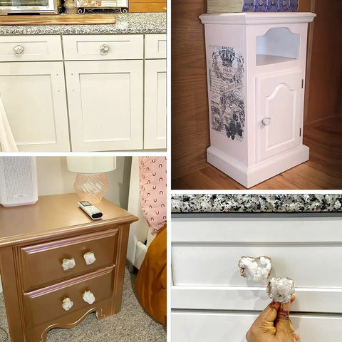 Four Pack Beefy Natural Quartz Geode Cabinet Knobs Combined With Slick Druzy Crystal Drawer Handles Featuring Clean Gold Plated Edges And Heavy Duty Stone Pulls For Kitchen Vanity Refresh on various furniture.