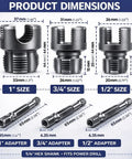 Heavy Duty 4 In 1 Water Pipe Threader Tool For Pvc And Copper Pipes dimensions illustration with 1" 3/4" and 1/2" threading sizes and adapters.