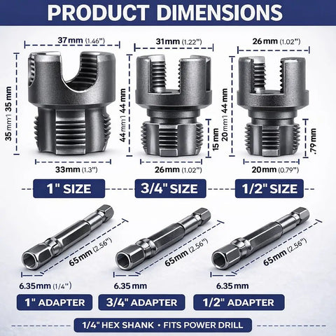 Heavy Duty 4 In 1 Water Pipe Threader Tool For Pvc And Copper Pipes dimensions illustration with 1" 3/4" and 1/2" threading sizes and adapters.