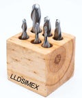LLDSIMEX M2 HSS six-piece ball-end two-flute end mill set in a wooden block, front view