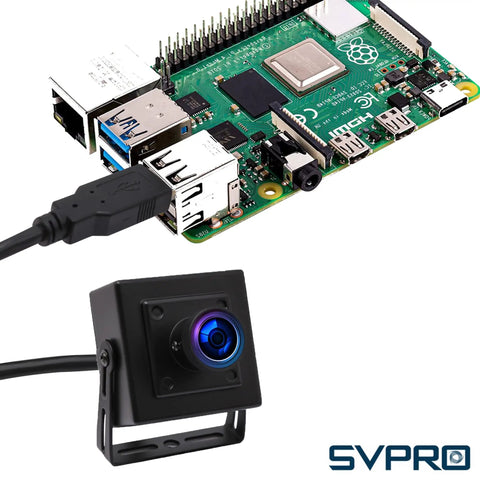 5MP 30FPS USB Fisheye Camera With IMX335 Sensor And M12 Lens shown with USB cable next to Raspberry Pi board