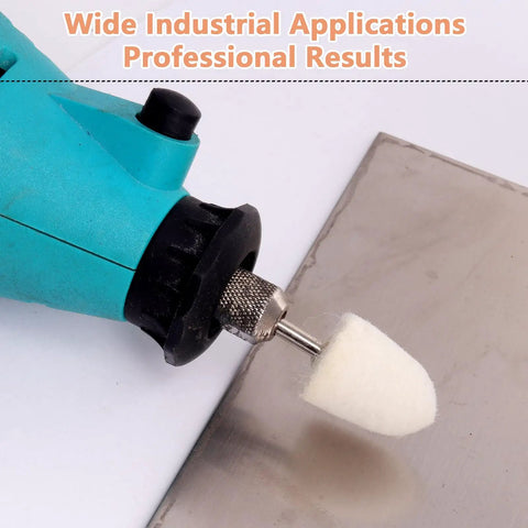 Close-up of rotary tool using 25 Pcs Wool Mounted Mandrel Set With One Eighth Inch Shank Polishing Bits Burrs Buffing Wheels.