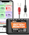 Universal Bluetooth Battery Monitor For 6V 12V 24V Rides with smartphone Bluetooth display and clip connections for easy monitoring.