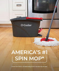Heavy Hitter Microfiber Spin Mop And Bucket Set Including Three Extra Washable Replacement Pads For Fast Dirt Trapping and mop on hardwood floor.