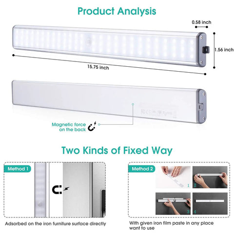 Product analysis of 78 LED Closet Lights 16 Inch Under Cabinet Motion Activated USB Rechargeable Night Light installation methods.