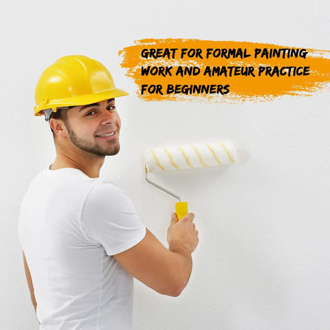 Person using 24 Pack Bulk Paint Roller Covers In Microfiber For Walls And Ceilings Nine By One Half Inch Polyester Naps Durable Home Improvement DIY Roller Covers Yellow And White