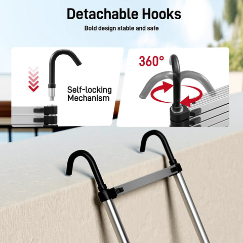 Telescoping Ladder Pro 24.6 Ft With 330 Lbs Capacity, EN 131 Certified, No Standing Zone Top Rungs, Heavy Duty Aluminum, Easy Extend Mechanism, Safe And Stable Ladder For Indoor And Outdoor Projects. Detachable self-locking hooks on telescoping ladder.