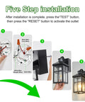 Installation steps for Outdoor Wall Light With GFCI Outlet And Remote; wiring, mounting, and final fixture view.