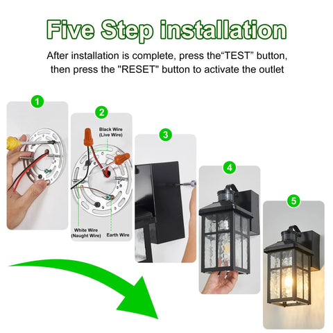 Installation steps for Outdoor Wall Light With GFCI Outlet And Remote; wiring, mounting, and final fixture view.