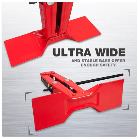 Heavy Duty Steel Scissor Lift Jack 1.5 Ton Car Kit showing ultra wide base for stability and safety