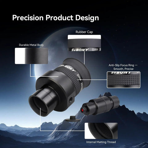 Illuminated Crosshair Reticle Eyepiece 1.25 Inch, 20mm Vision with metal body, anti-slip ring, and rubber cap for astrophotography.