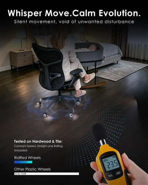 Hella Heavy Duty Rollerblade Office Chair Wheels With Quiet Glide On hardwood floors, showing silent movement measurement.
