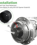 Wheel Hub Bearing Nut Retainer Spanner Socket Removal Tool JDG1253 installation on tractor hub with 4-pin jaw chuck