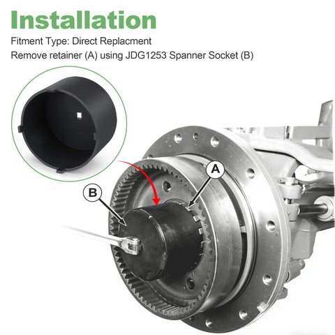 Wheel Hub Bearing Nut Retainer Spanner Socket Removal Tool JDG1253 installation on tractor hub with 4-pin jaw chuck