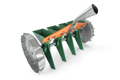 Metal Precision Manual Seeder For Vegetables And Greens Four Row Planting Tool with adjustable spacing and metal wheels
