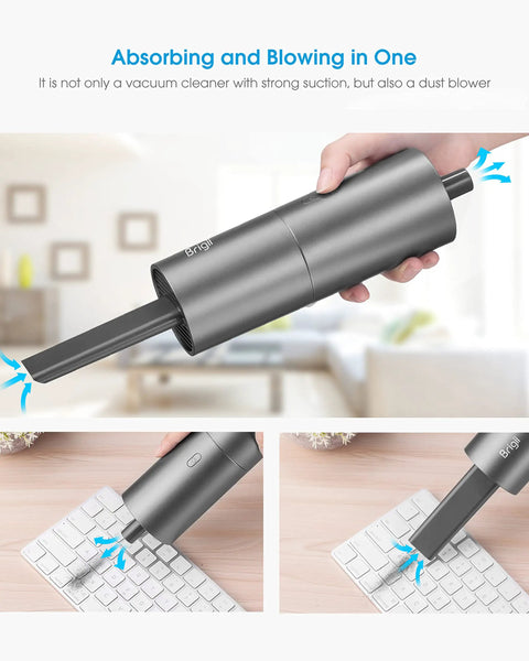 Slick Cordless Mini Handheld Vacuum With Killer Two In One Suction And Air Blaster Mode For Quick Car Detailing Keyboard Cleaning And No Sweat Dust Removal, shown absorbing dust from keyboard.