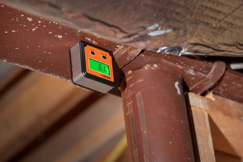 Magnetic Digital Angle Locator With LCD Backlit Display And Two Buttons, 0 To 90 Degrees on metal beam displaying angle measurement.