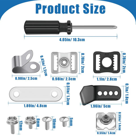 31 Piece Hockey Helmet Repair Kit With Screwdriver And Hardware Pack For Helmets And Visors showing size measurements of components