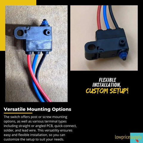 Kickass Ultra Subminiature Micro Switch Featuring A Pin Plunger Actuator And SPDT Layout showing two angles with wire leads.