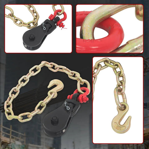 Heavy Duty 2 Ton Snatch Block With 2 Ft Steel Chain And 3 Inch Sheave For Lifting, Towing, And Winching On Demanding Jobs, Built To Handle A 4400 Lb Working Load Limit. Close-up of black snatch block with chain and hook